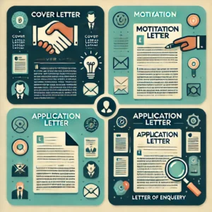 the four types of letters: Cover Letter, Motivation Letter, Application Letter, and Letter of Enquiry