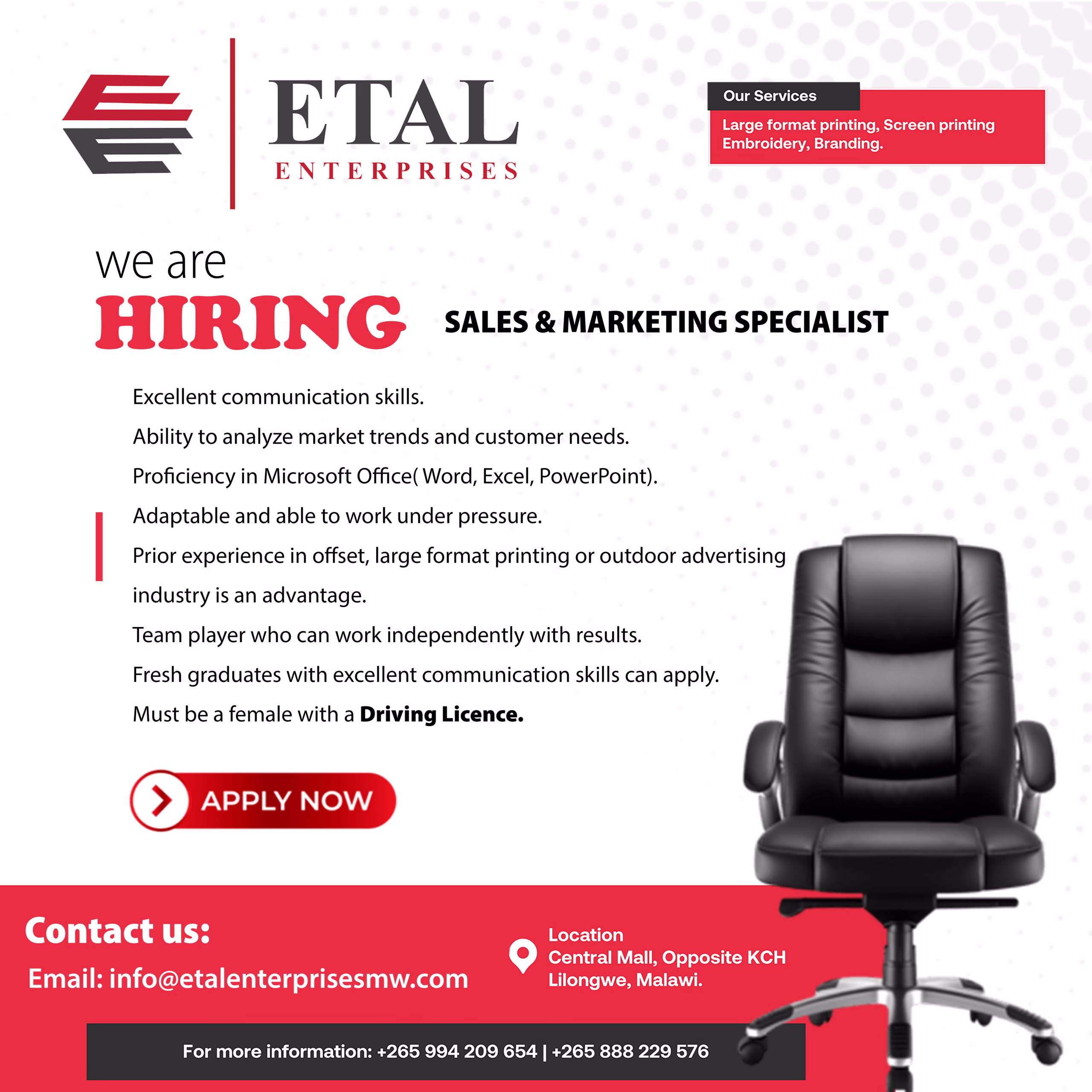 SALES AND MARKETING SPECIALIST at ETAL ENTERPRISES. Malawi